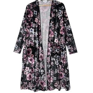 LulaRoe Duster Kimono Velvet Black Pink Floral L Boho Whimsygoth Pockets